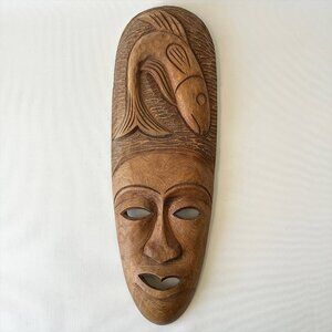 Vintage Hand Carved Wood Tribal Tiki Mask Fish Motif Folk Art Wall Art Signed